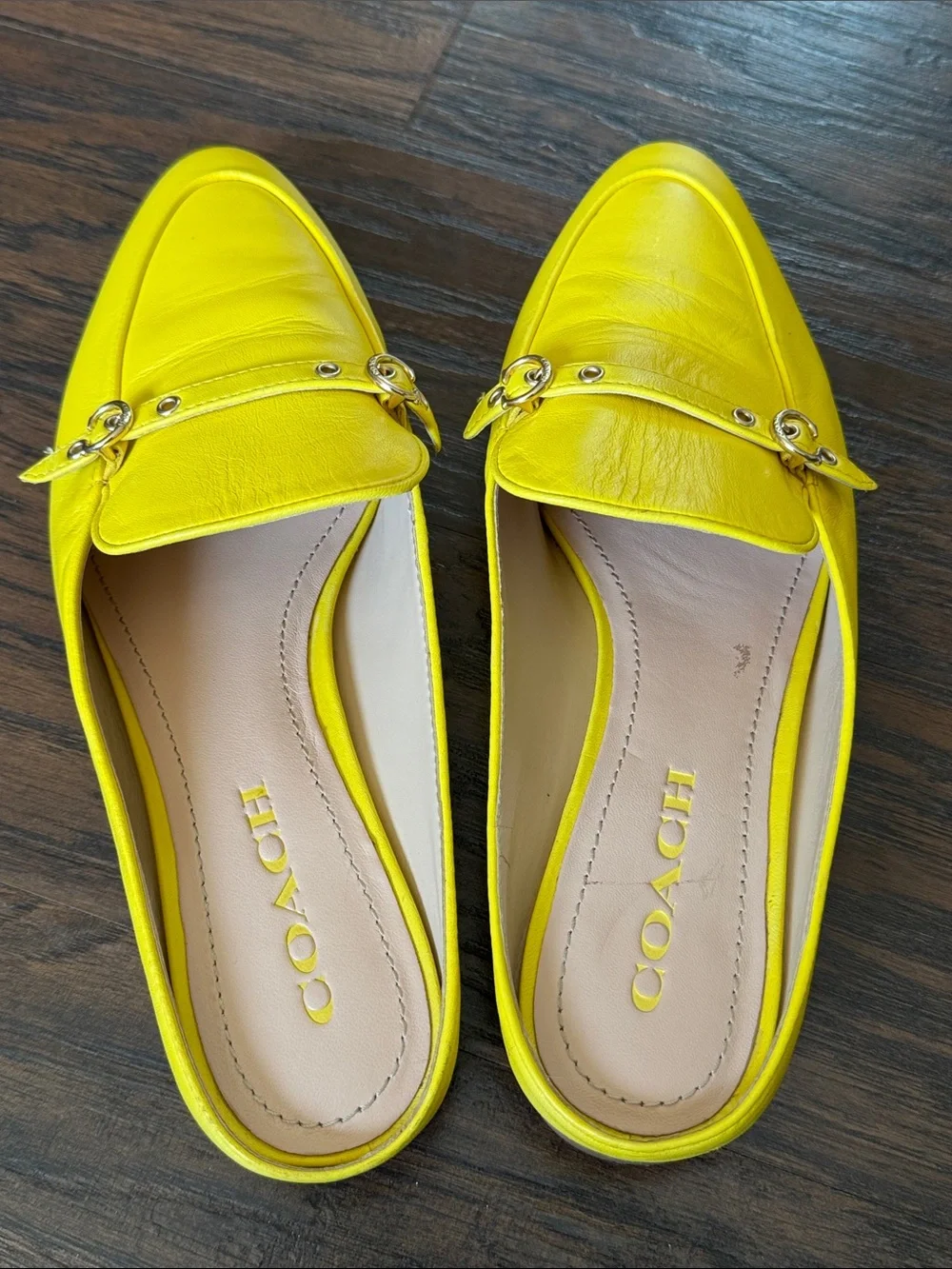 COACH Buttercup Yellow Leather Slip-On Mules with Gold Hardware - Picture 8 of 13